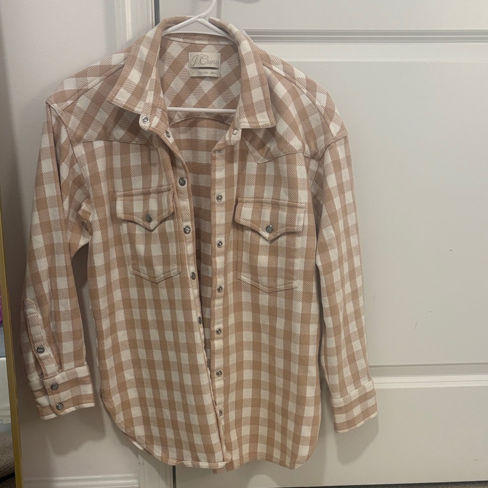 J Crew Tan and White Plaid Button-Up Shirt